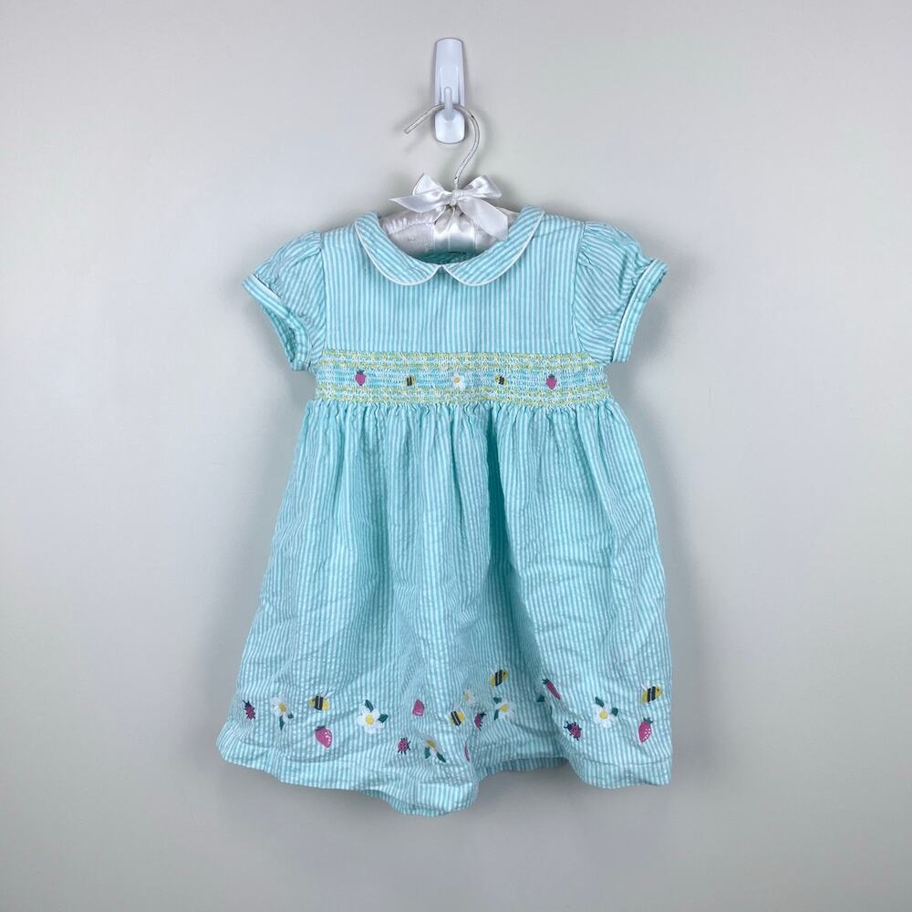 JoJo Maman Bebe Embroidered Aqua Smocked Seersucker Dress 6-12 Months
